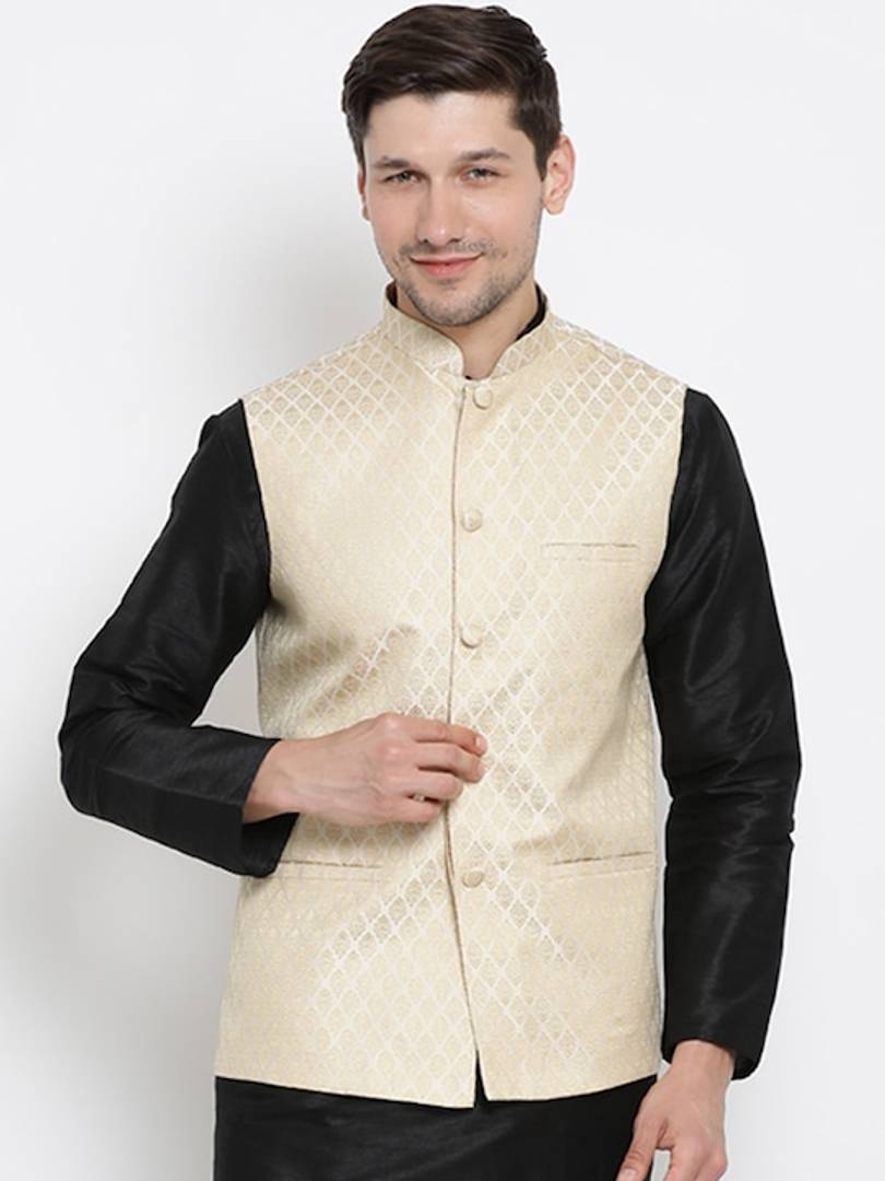 Men's Off White 
Cotton Blend
 Woven Design Nehru Jackets